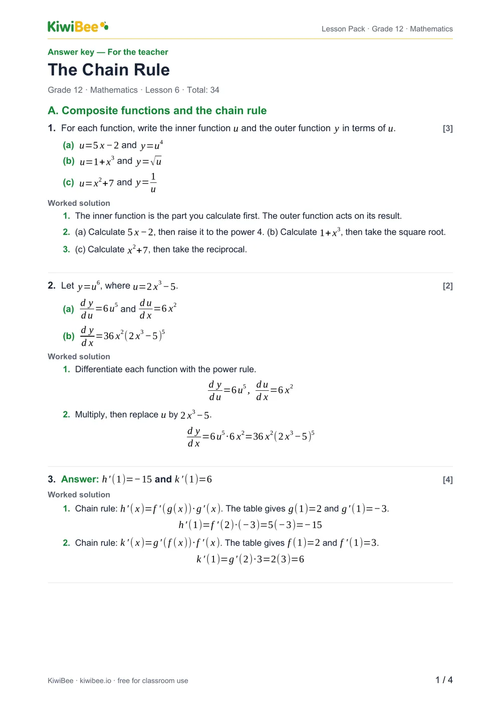 The Chain Rule — Answer key, page 1
