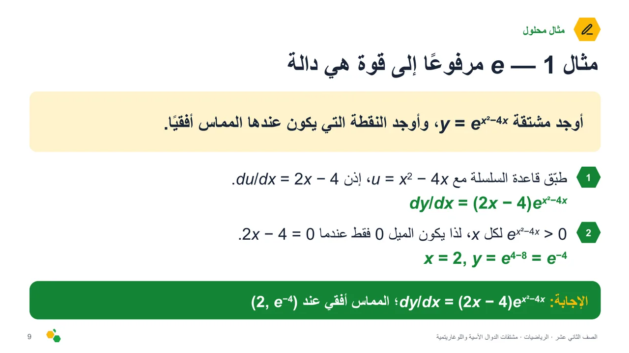 مشتقات الدوال الأسية واللوغاريتمية — الشريحة 10