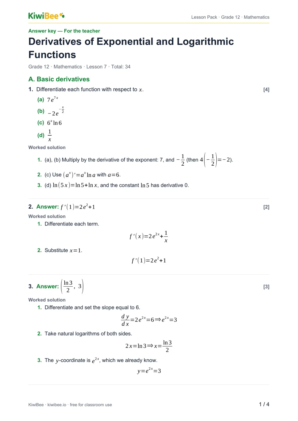 Derivatives of Exponential and Logarithmic Functions — Answer key, page 1