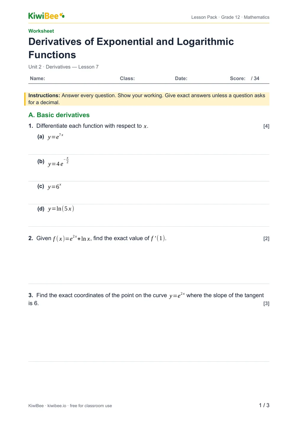 Derivatives of Exponential and Logarithmic Functions — Worksheet, page 1