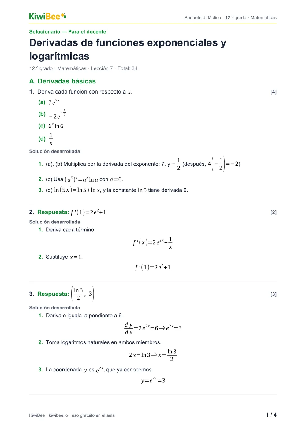 Derivadas de funciones exponenciales y logarítmicas — Solucionario, página 1