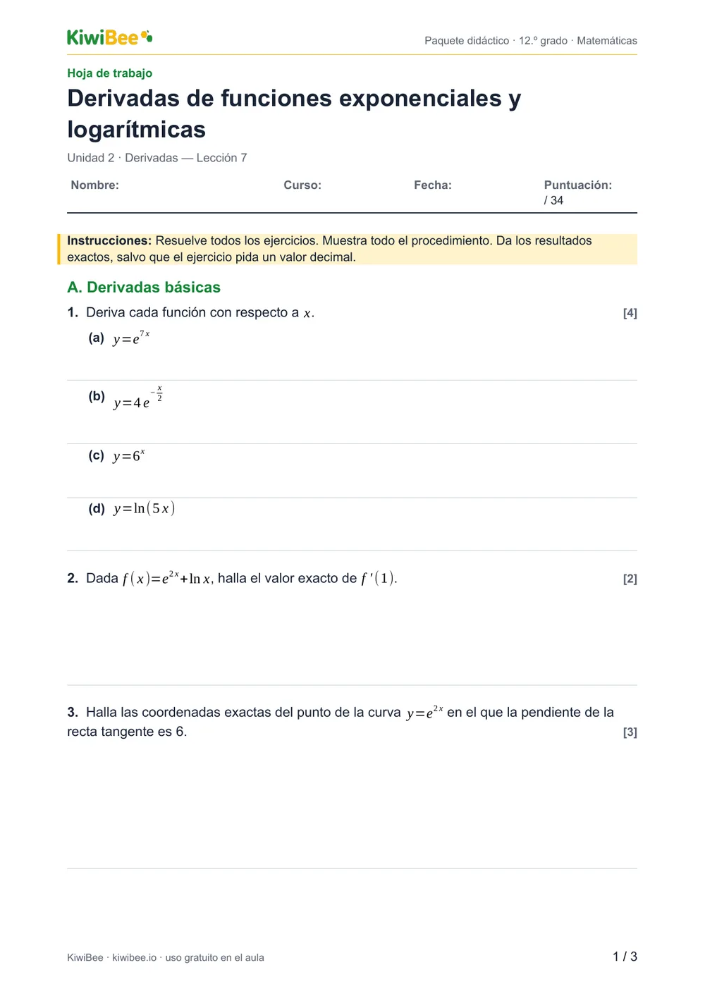Derivadas de funciones exponenciales y logarítmicas — Hoja de trabajo, página 1