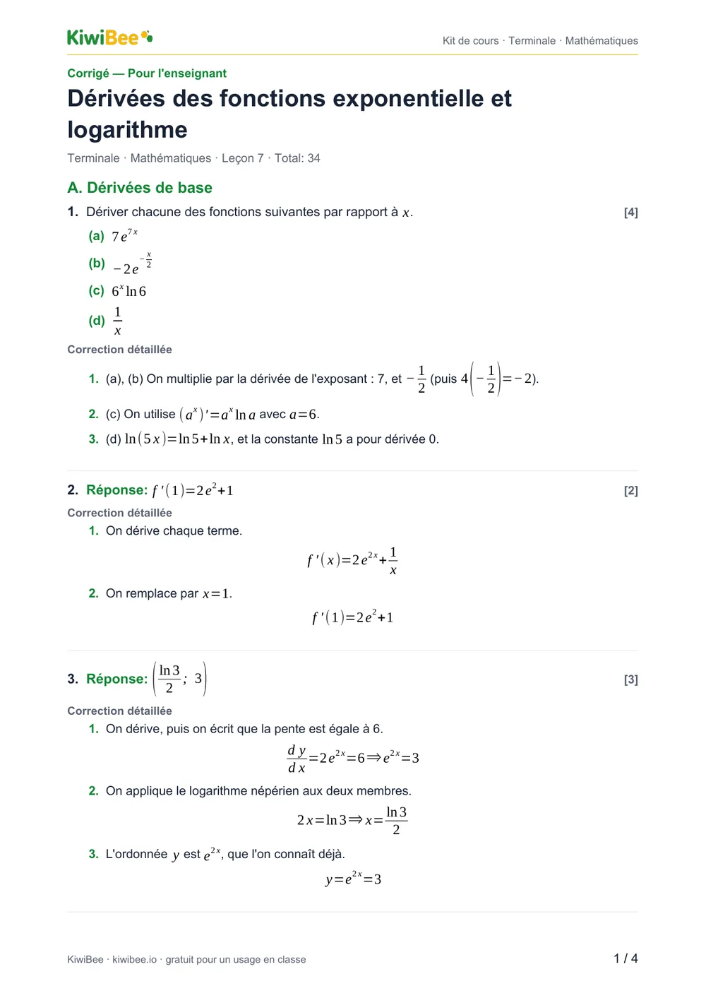 Dérivées des fonctions exponentielle et logarithme — Corrigé, page 1