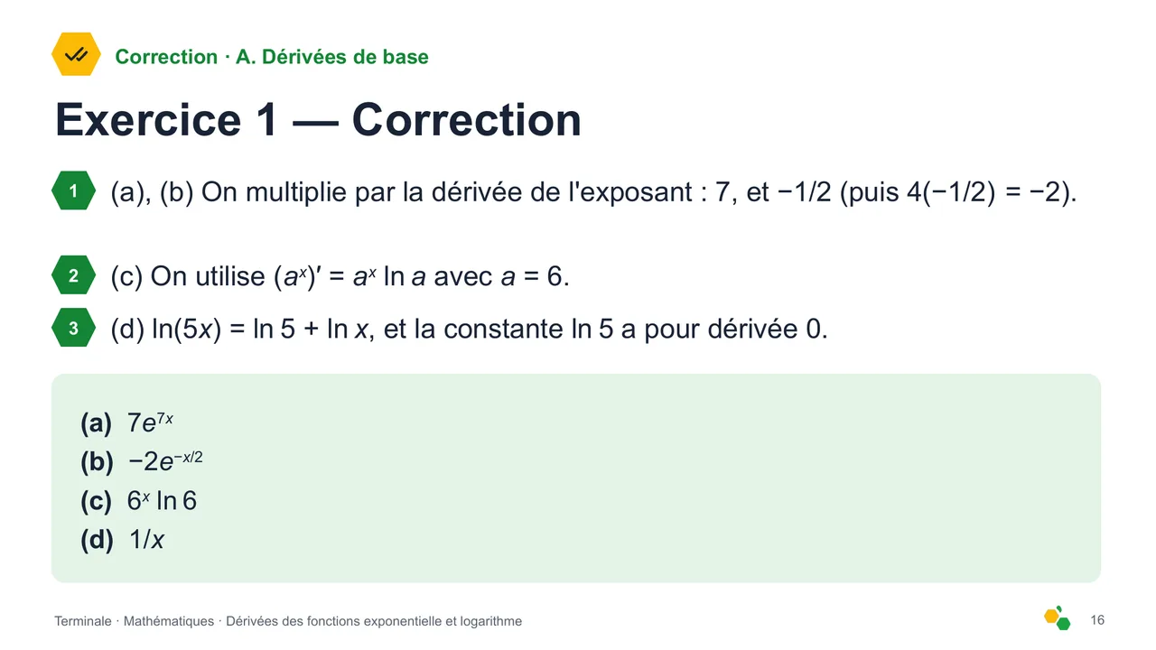 Dérivées des fonctions exponentielle et logarithme — Diapositive 18