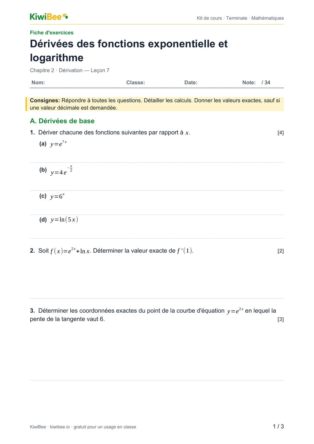 Dérivées des fonctions exponentielle et logarithme — Fiche d'exercices, page 1