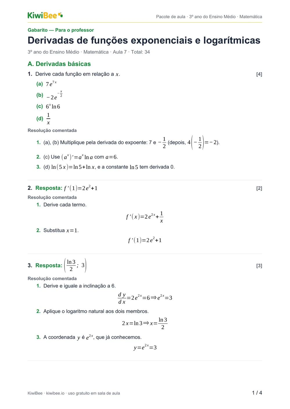 Derivadas de funções exponenciais e logarítmicas — Gabarito, página 1