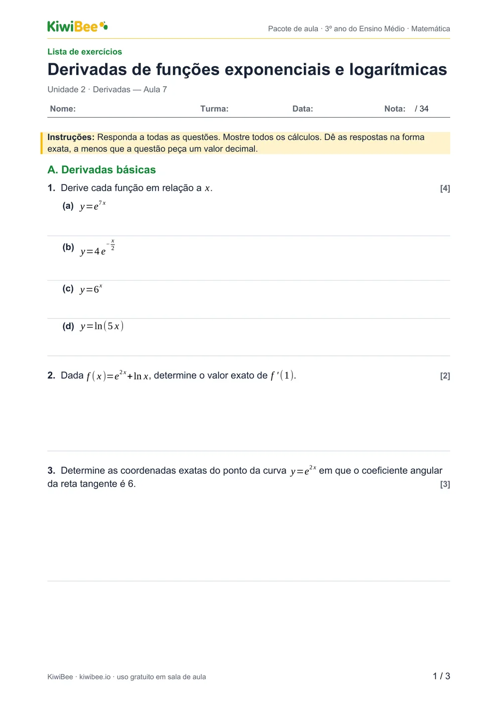 Derivadas de funções exponenciais e logarítmicas — Lista de exercícios, página 1