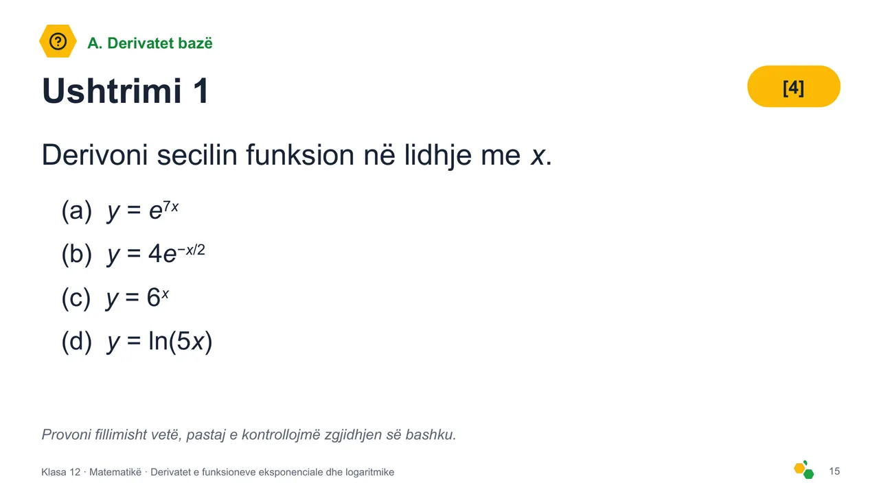 Derivatet e funksioneve eksponenciale dhe logaritmike — Slajdi 17