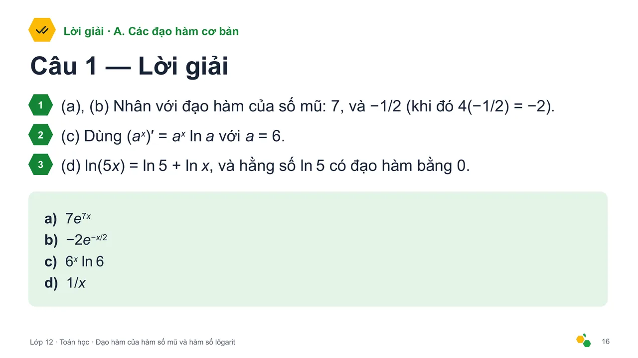 Đạo hàm của hàm số mũ và hàm số lôgarit — Trang chiếu 18