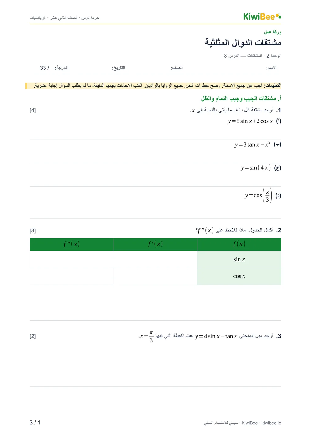 مشتقات الدوال المثلثية — ورقة العمل، الصفحة 1