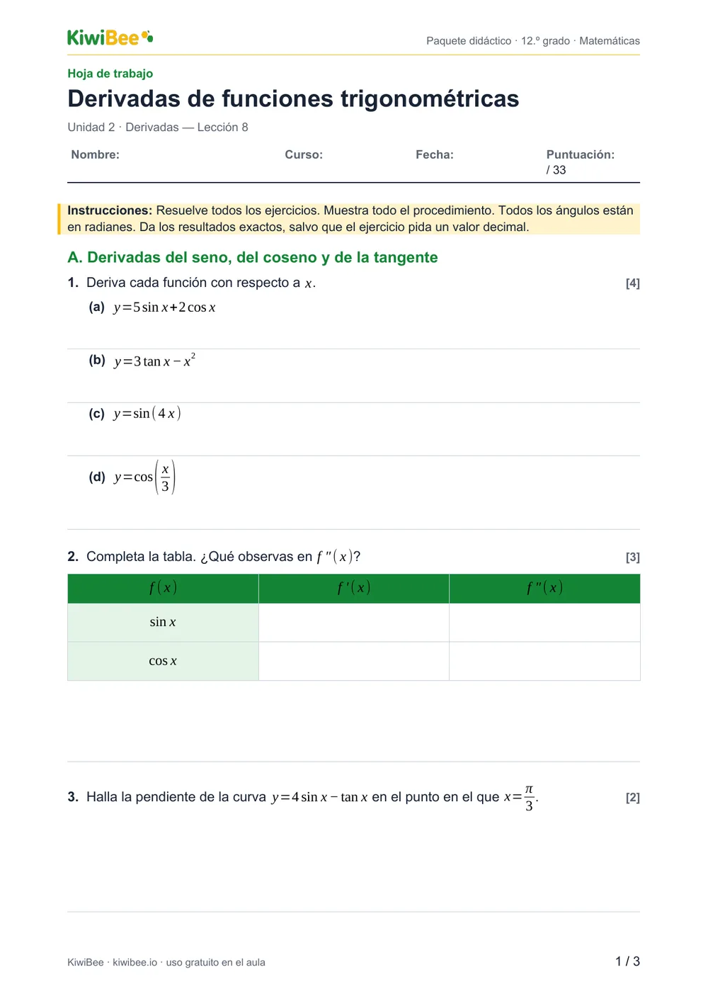 Derivadas de funciones trigonométricas — Hoja de trabajo, página 1