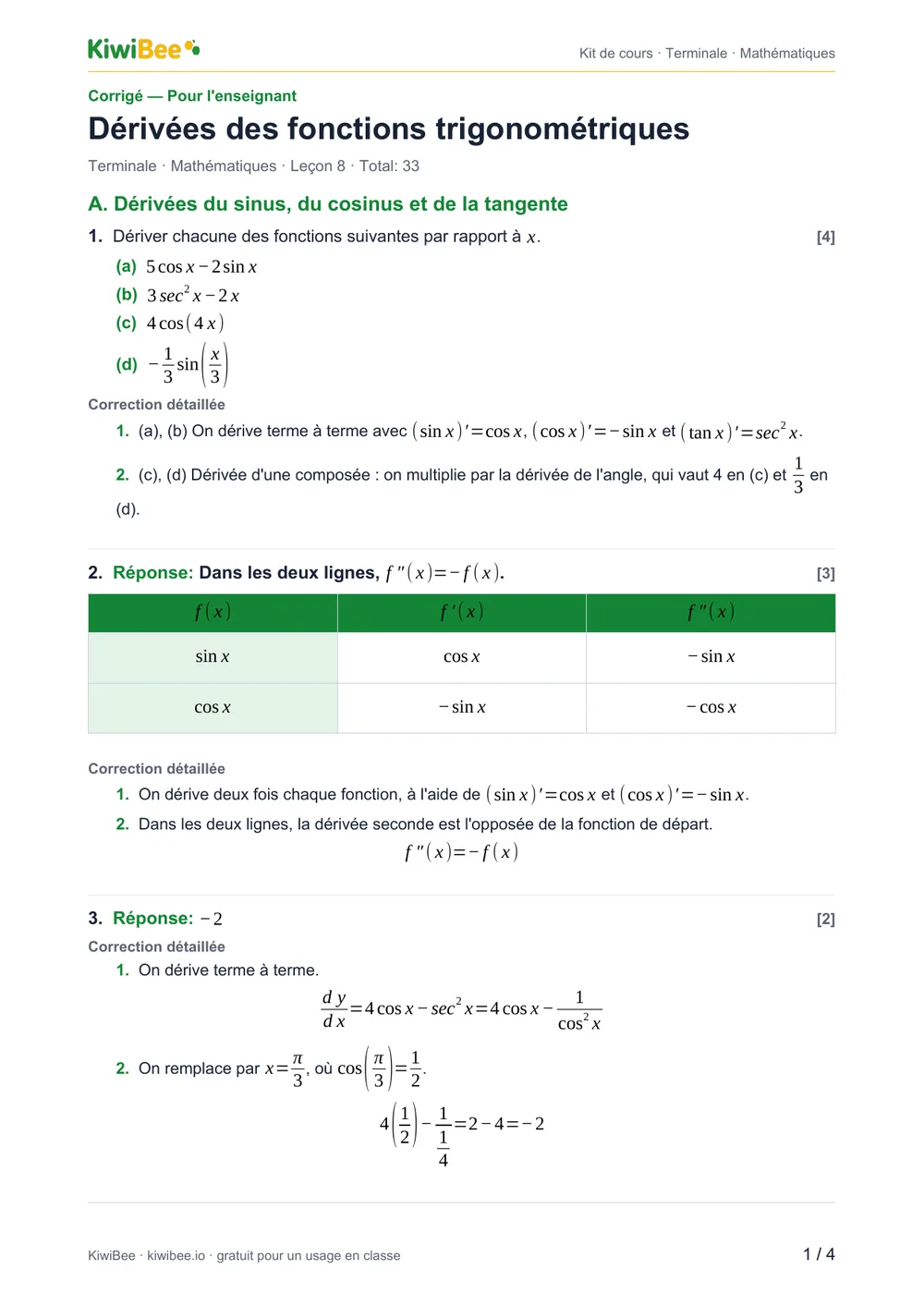 Dérivées des fonctions trigonométriques — Corrigé, page 1