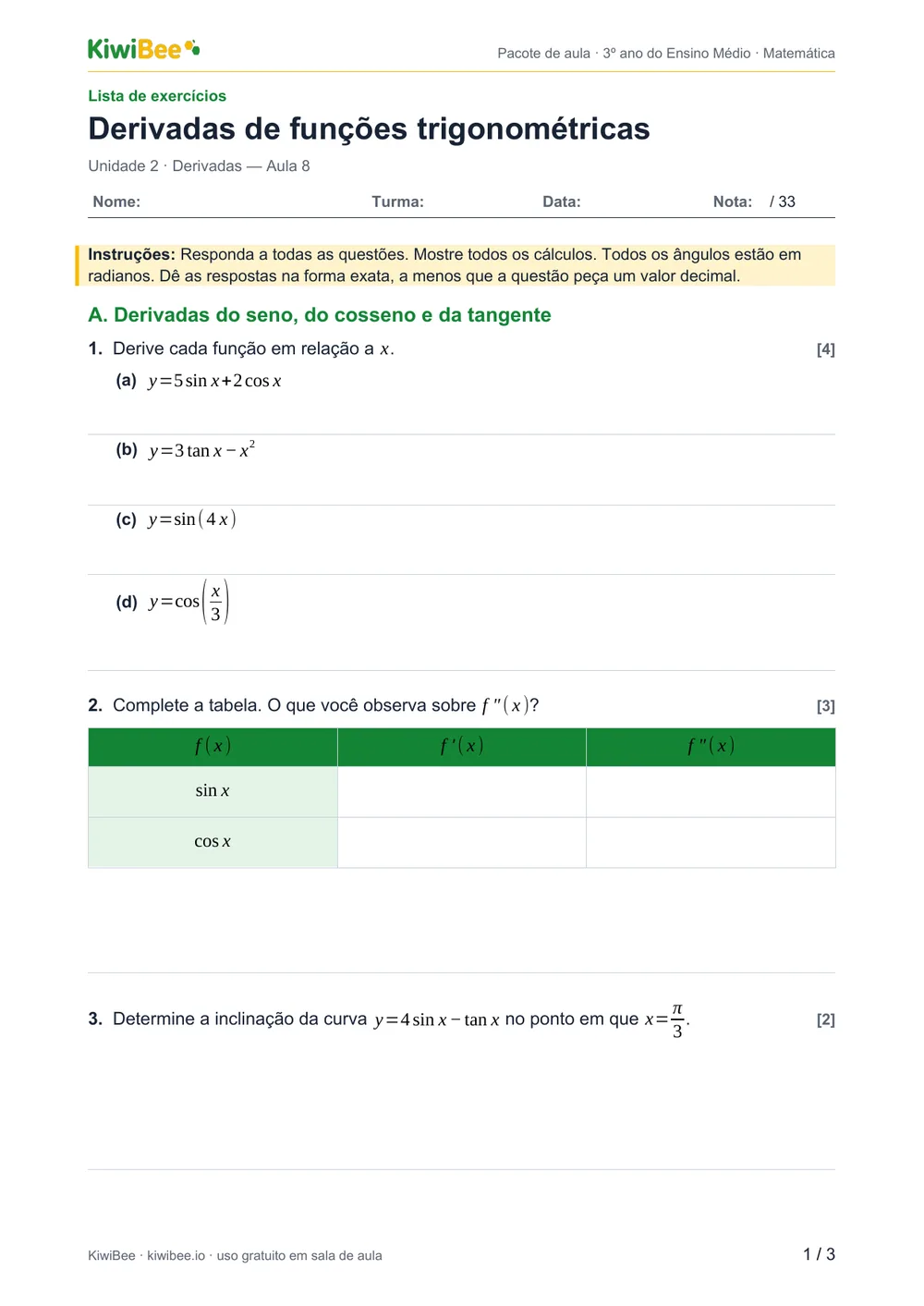 Derivadas de funções trigonométricas — Lista de exercícios, página 1