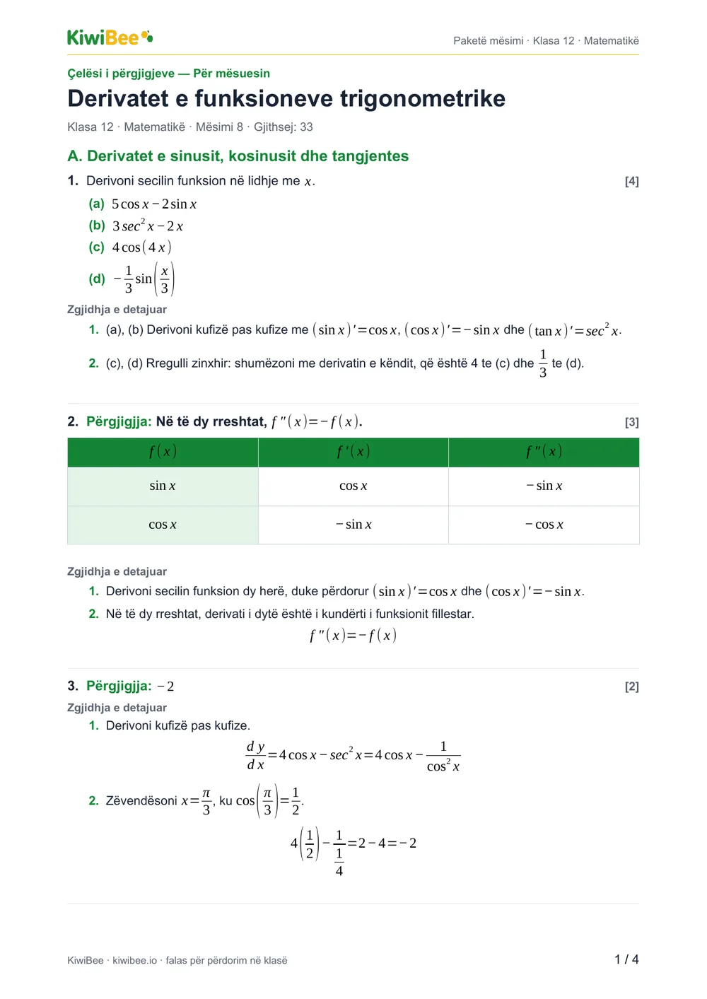 Derivatet e funksioneve trigonometrike — Çelësi i përgjigjeve, faqja 1