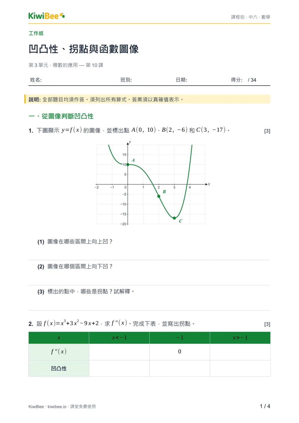 凹凸性、拐點與函數圖像 — 工作紙第 1 頁