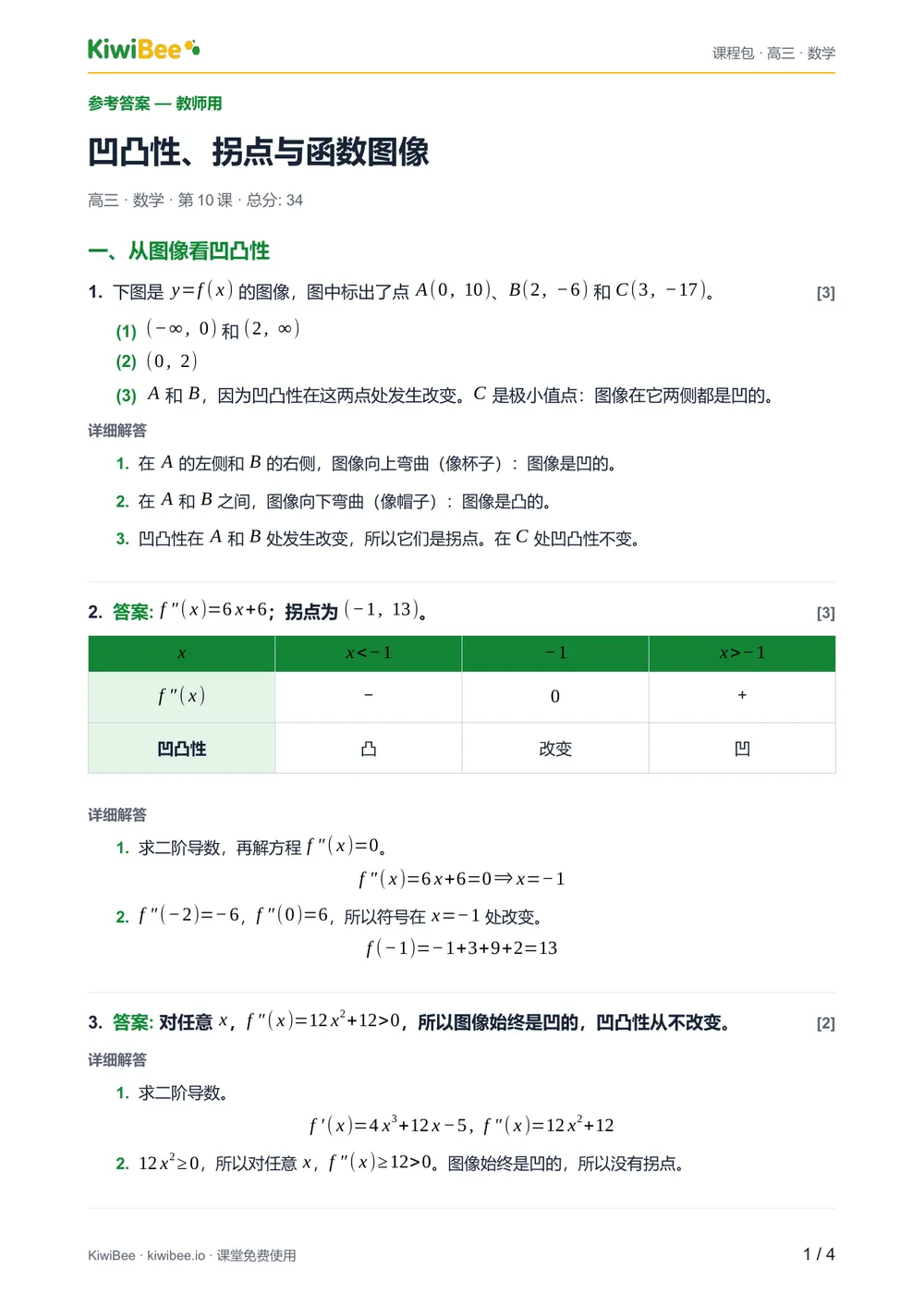 凹凸性、拐点与函数图像 — 参考答案第 1 页