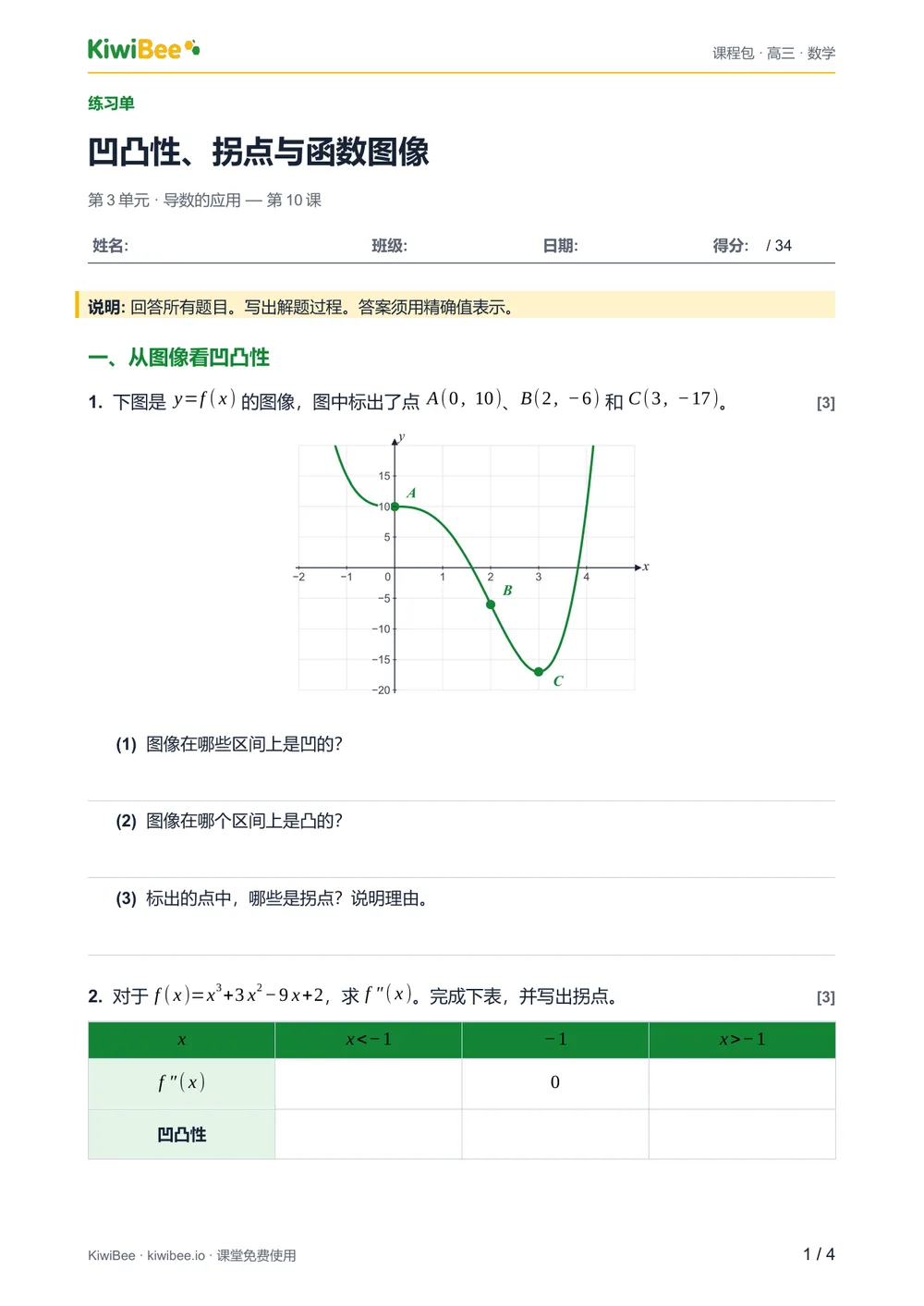 凹凸性、拐点与函数图像 — 练习单第 1 页