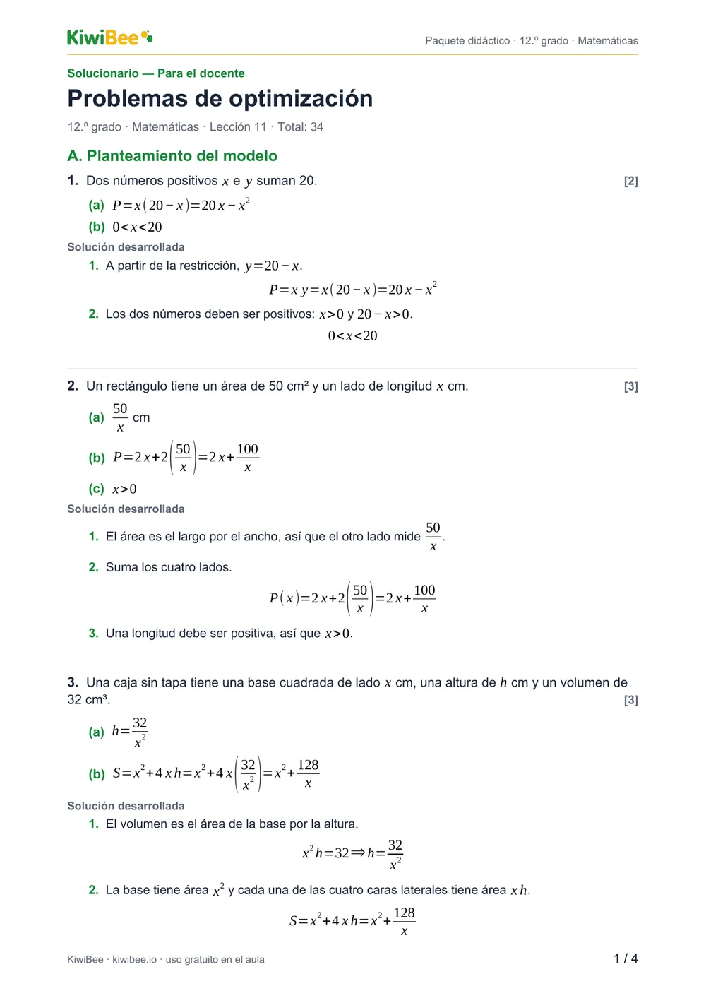 Problemas de optimización — Solucionario, página 1