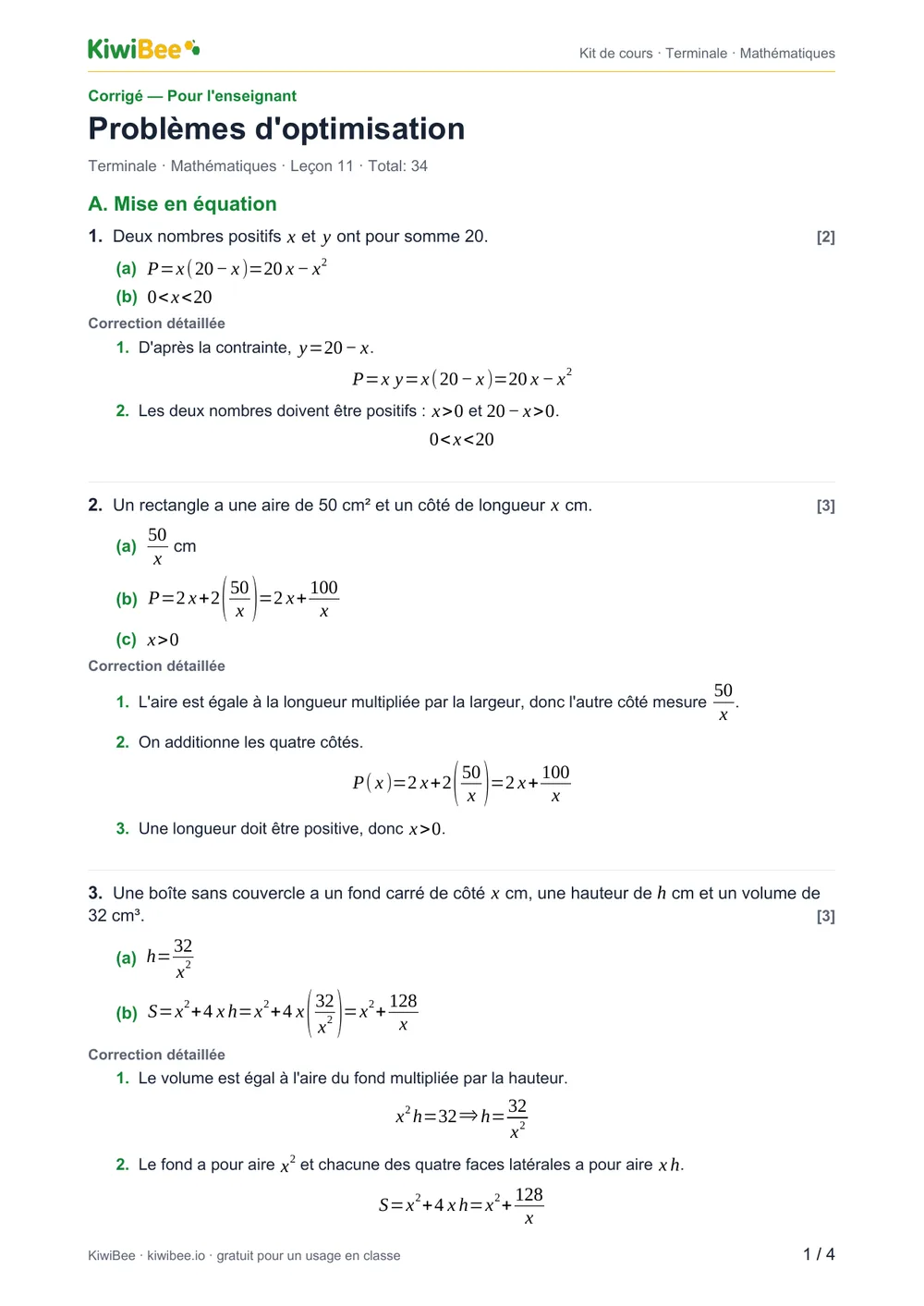 Problèmes d'optimisation — Corrigé, page 1