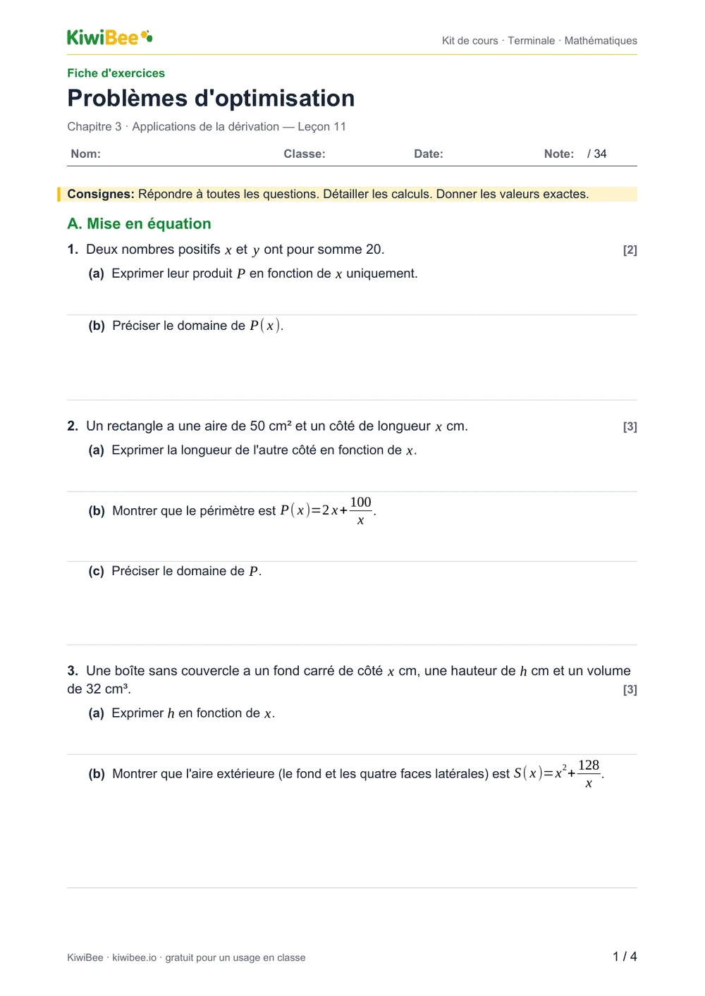 Problèmes d'optimisation — Fiche d'exercices, page 1
