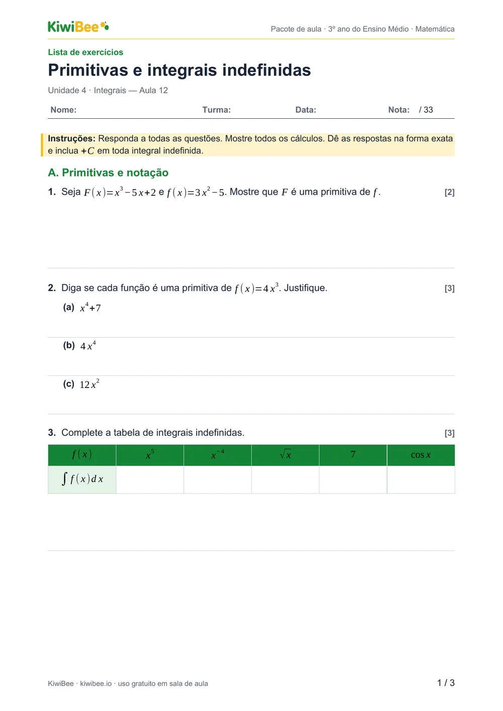 Primitivas e integrais indefinidas — Lista de exercícios, página 1