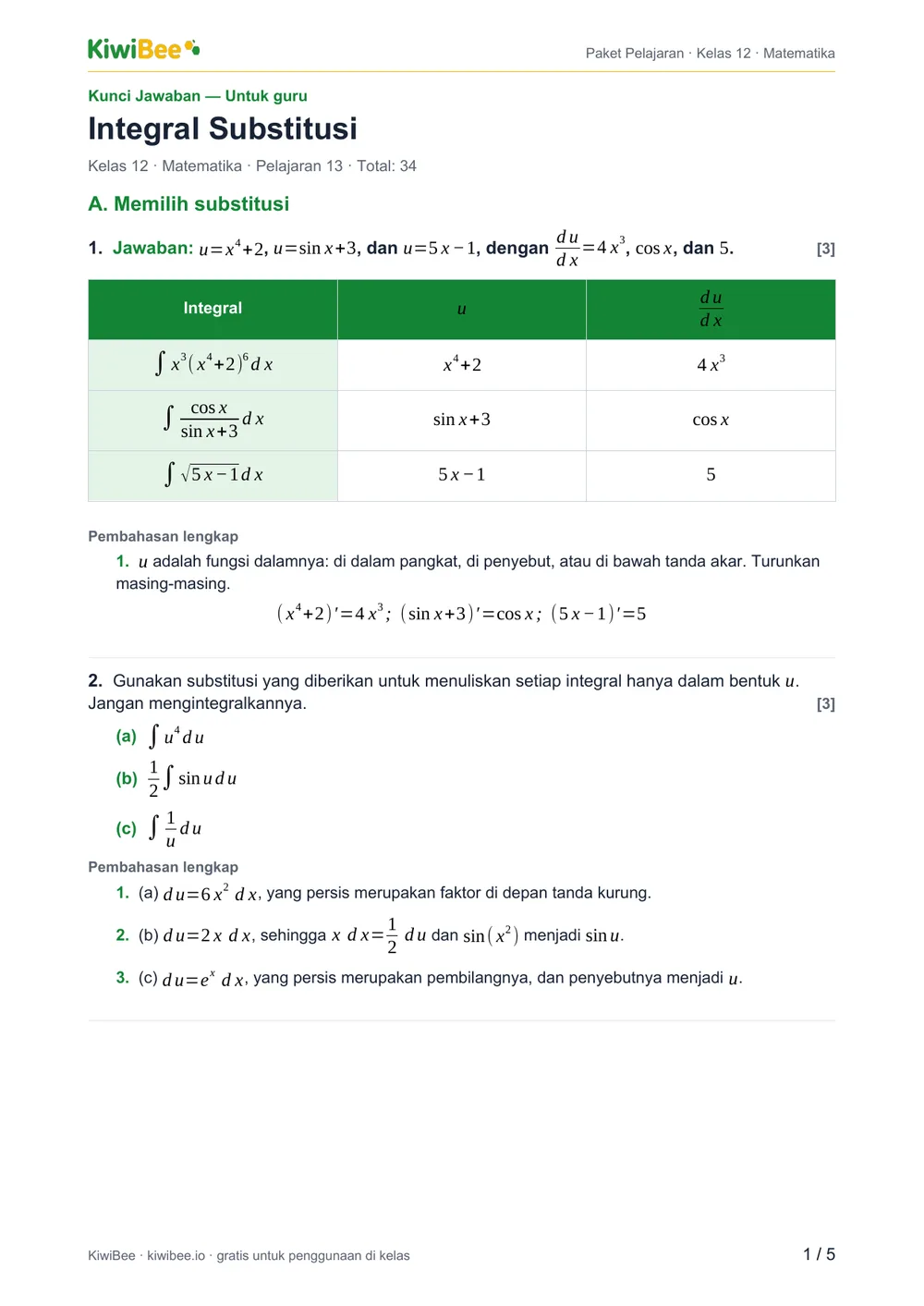 Integral Substitusi — Kunci jawaban, halaman 1