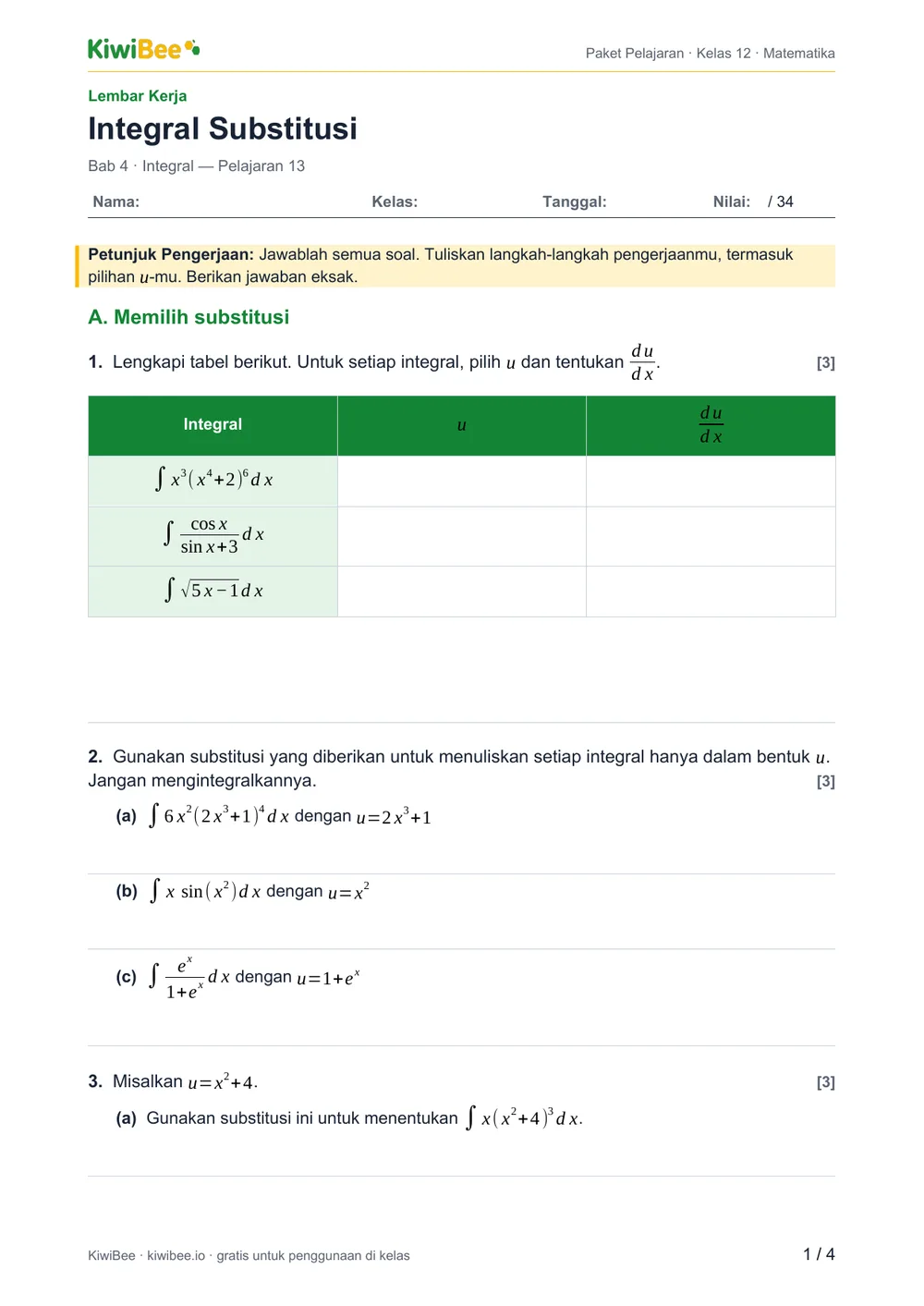 Integral Substitusi — Lembar kerja, halaman 1