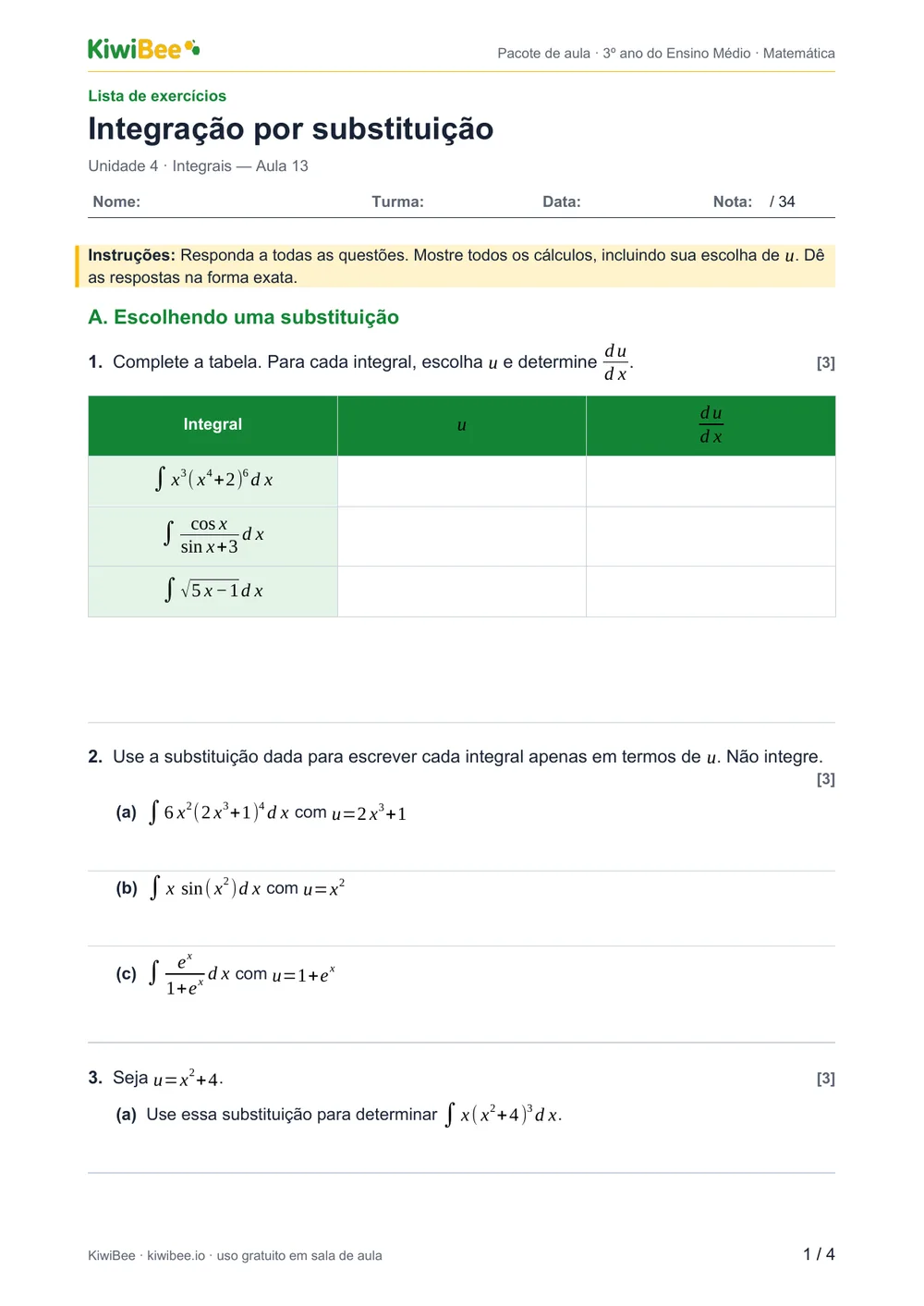 Integração por substituição — Lista de exercícios, página 1