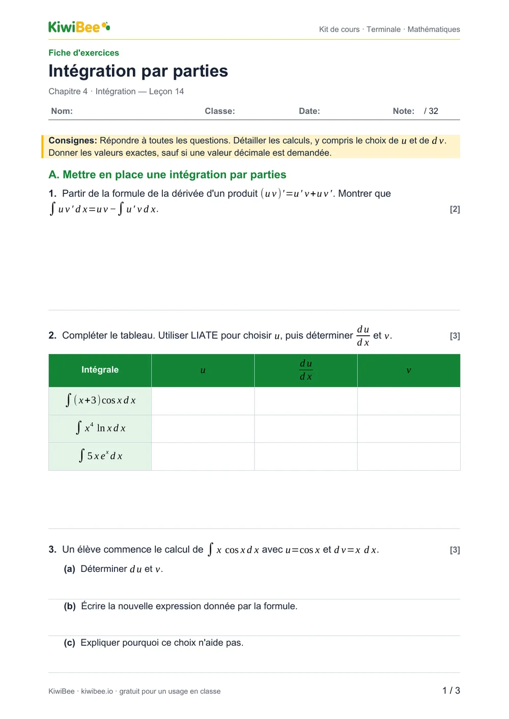 Intégration par parties — Fiche d'exercices, page 1