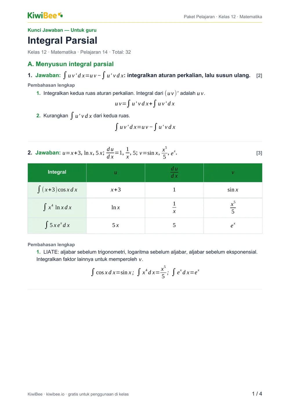 Integral Parsial — Kunci jawaban, halaman 1