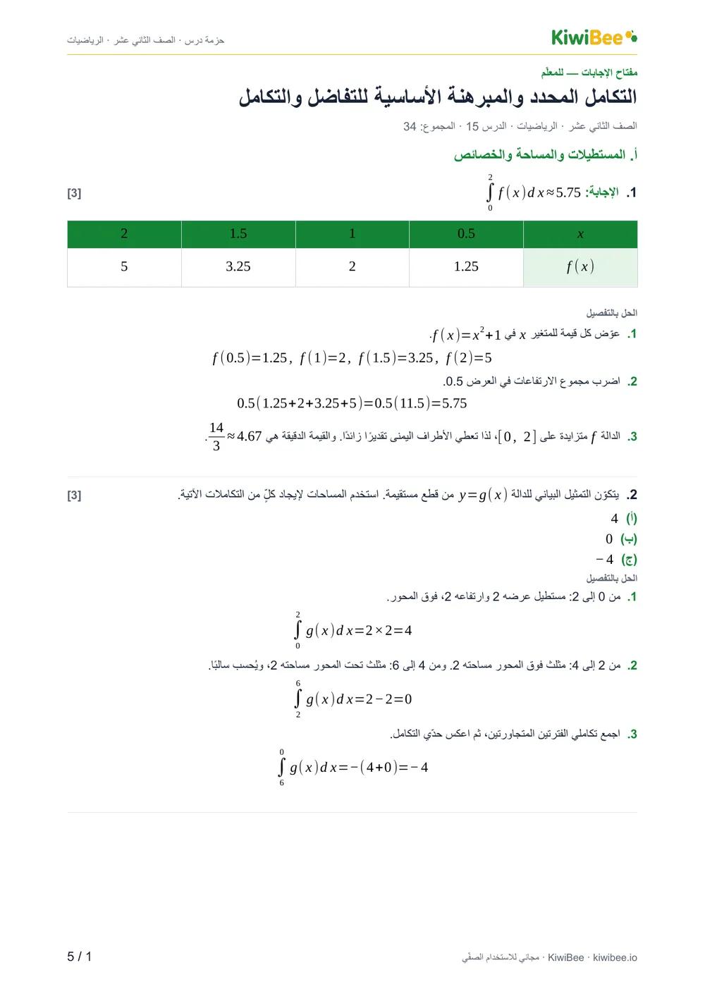 التكامل المحدد والمبرهنة الأساسية للتفاضل والتكامل — مفتاح الإجابات، الصفحة 1