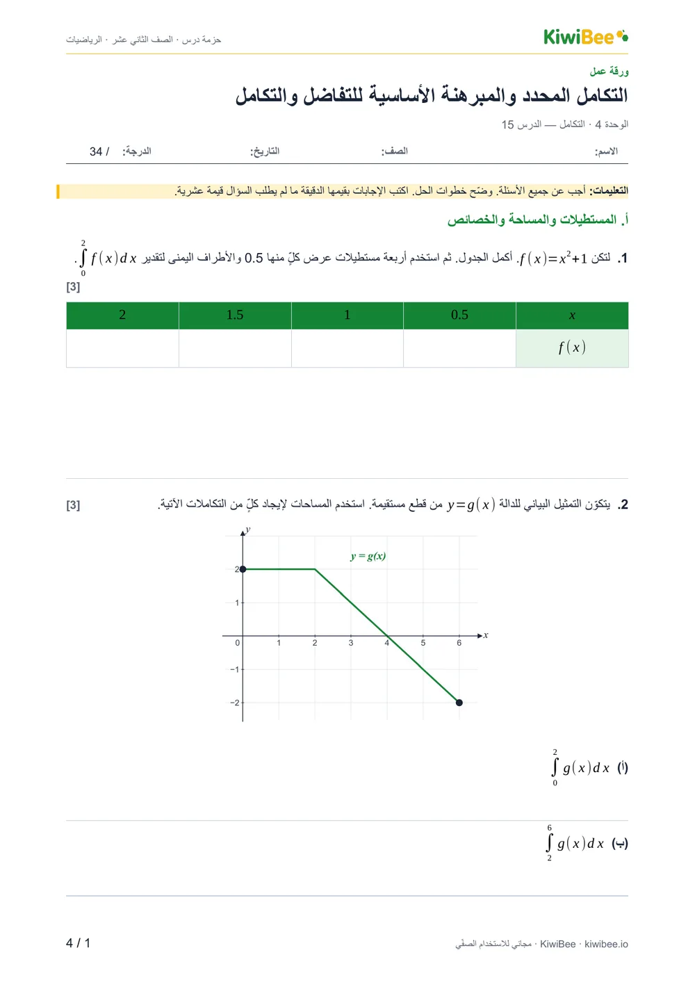 التكامل المحدد والمبرهنة الأساسية للتفاضل والتكامل — ورقة العمل، الصفحة 1