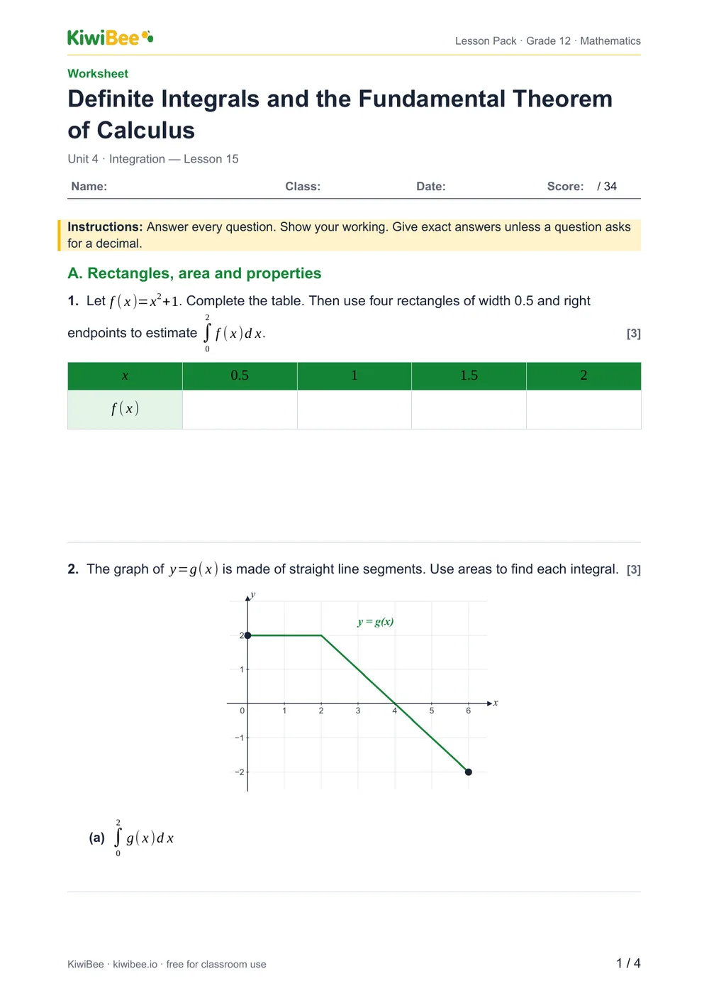 Definite Integrals and the Fundamental Theorem of Calculus — Worksheet, page 1