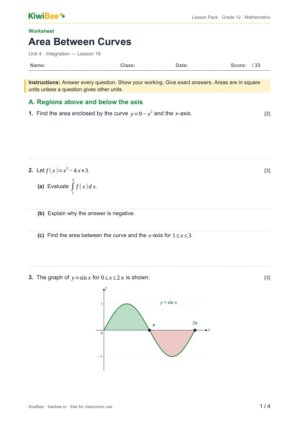 Area Between Curves — Worksheet, page 1