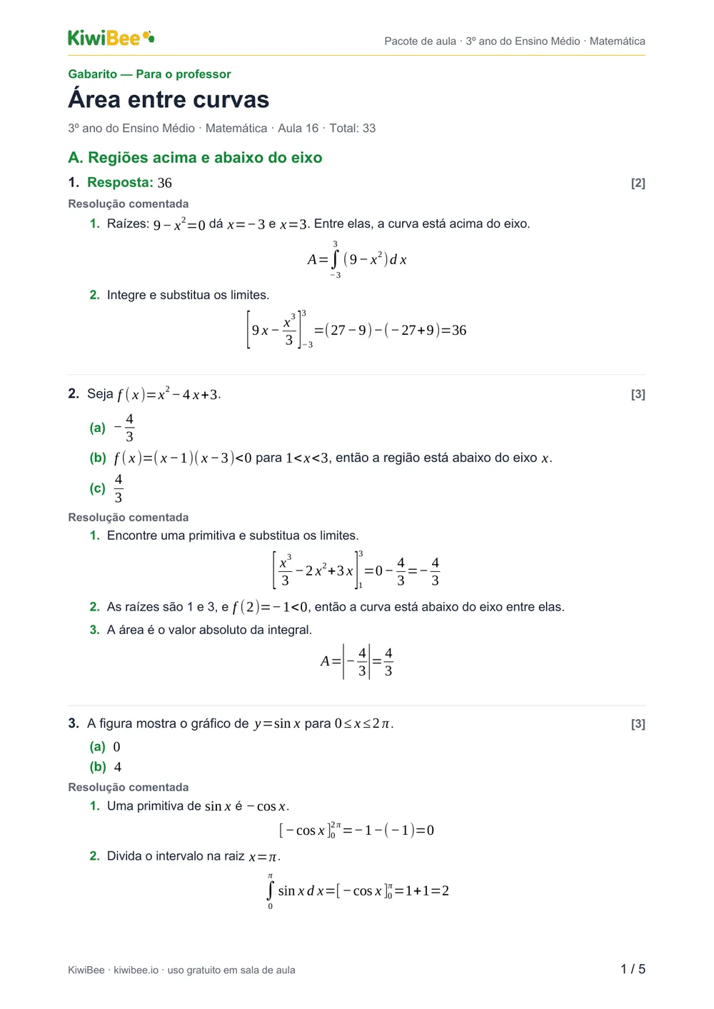 Área entre curvas — Gabarito, página 1