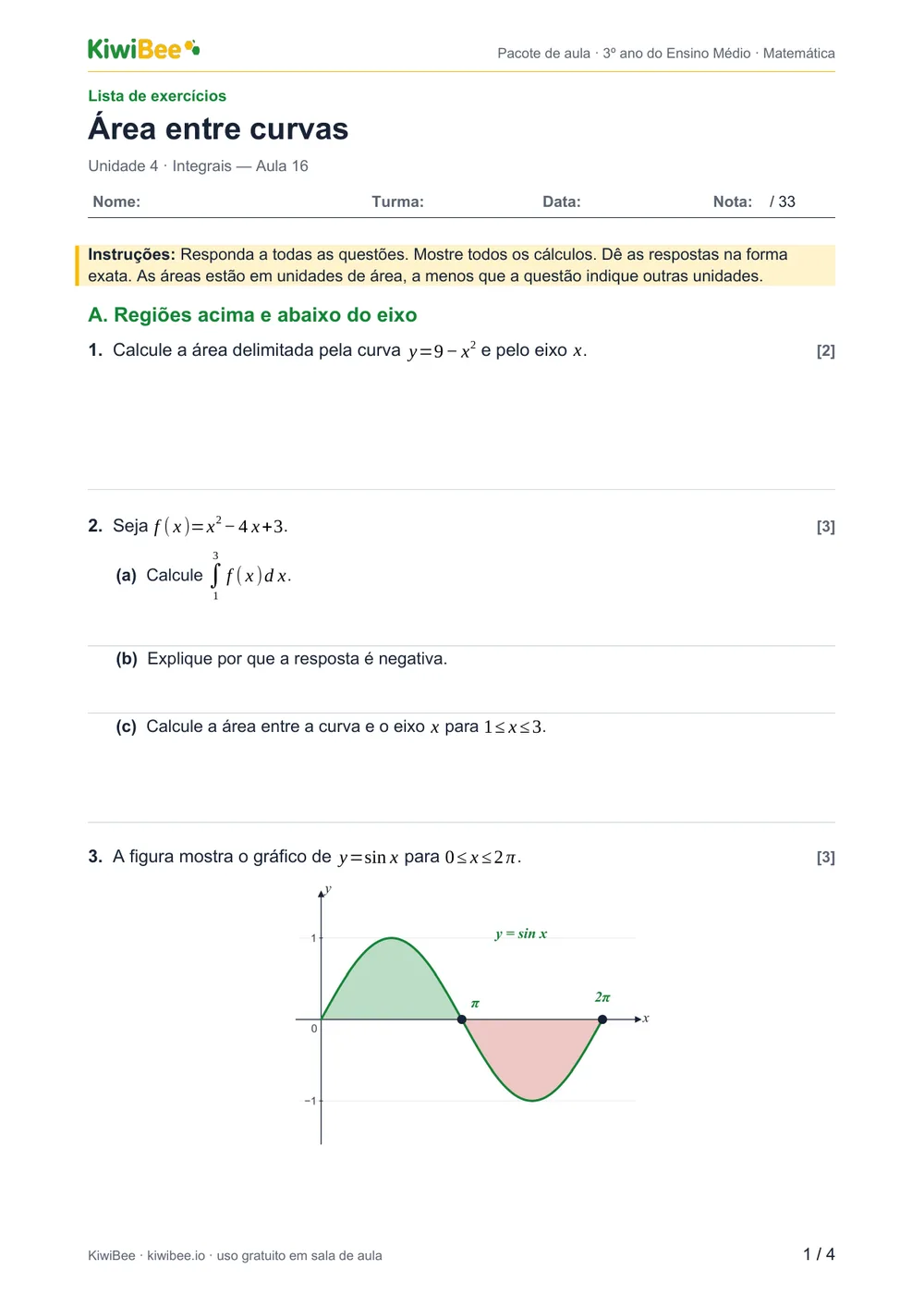 Área entre curvas — Lista de exercícios, página 1