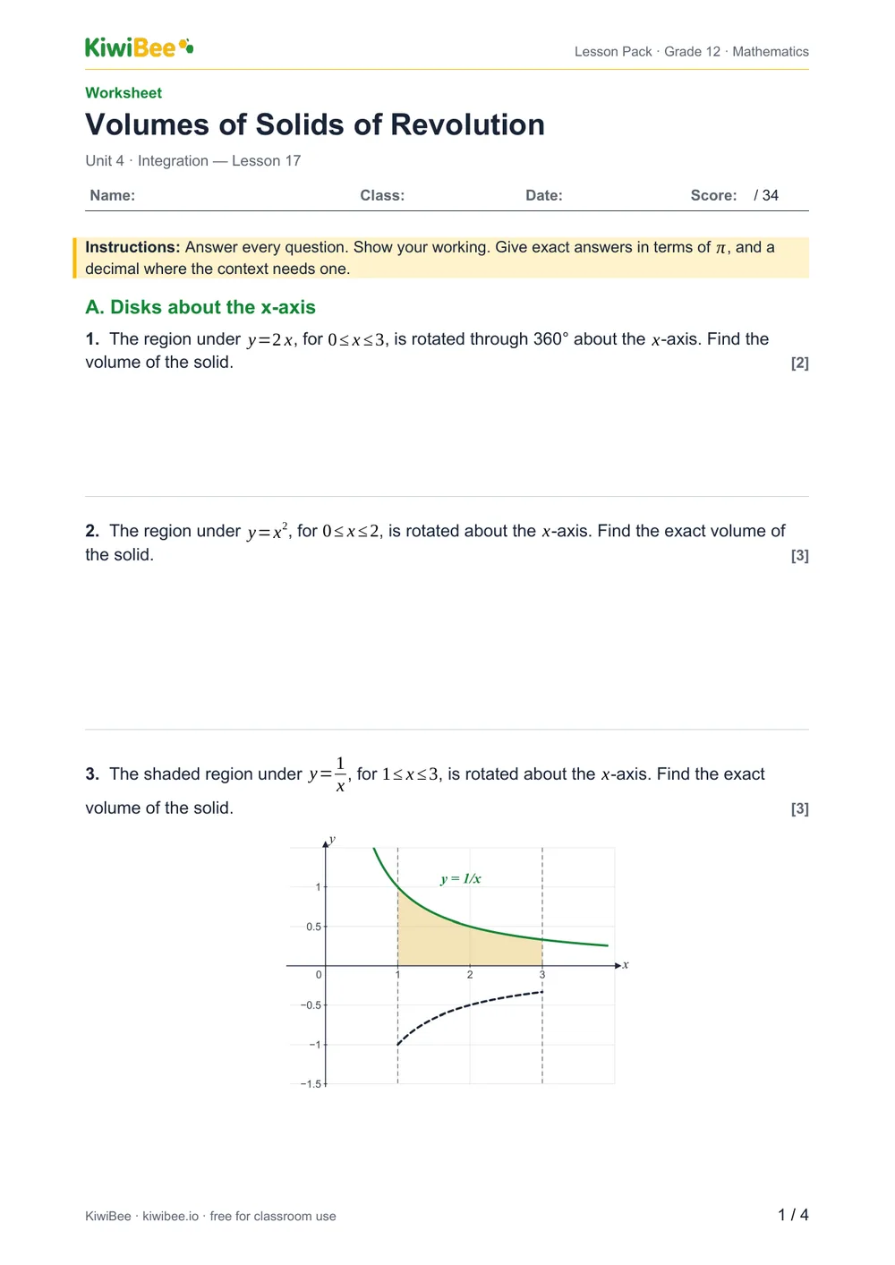 Volumes of Solids of Revolution — Worksheet, page 1