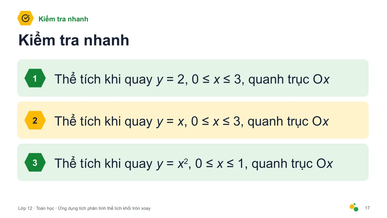 Ứng dụng tích phân tính thể tích khối tròn xoay — Trang chiếu 18