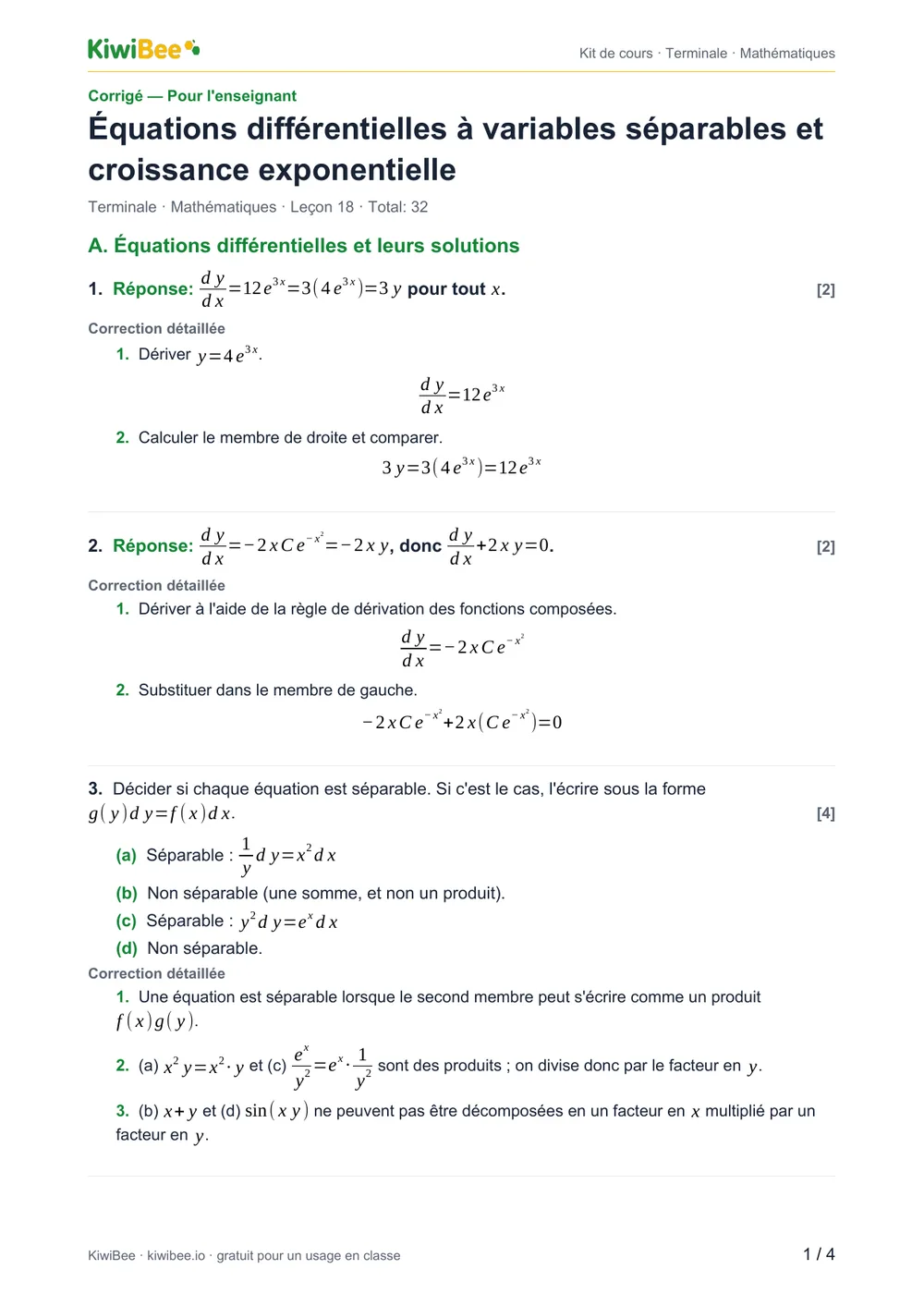 Équations différentielles à variables séparables et croissance exponentielle — Corrigé, page 1