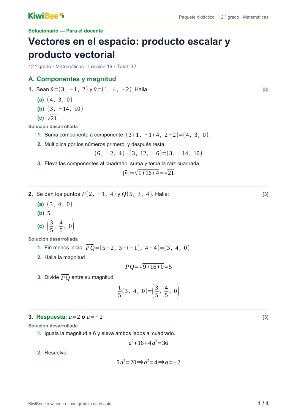 Vectores en el espacio: producto escalar y producto vectorial — Solucionario, página 1