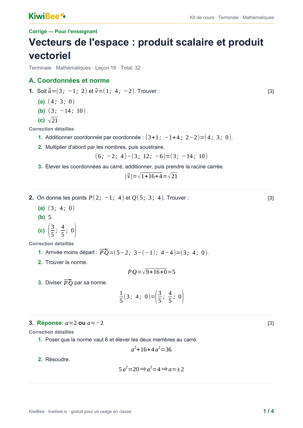 Vecteurs de l'espace : produit scalaire et produit vectoriel — Corrigé, page 1