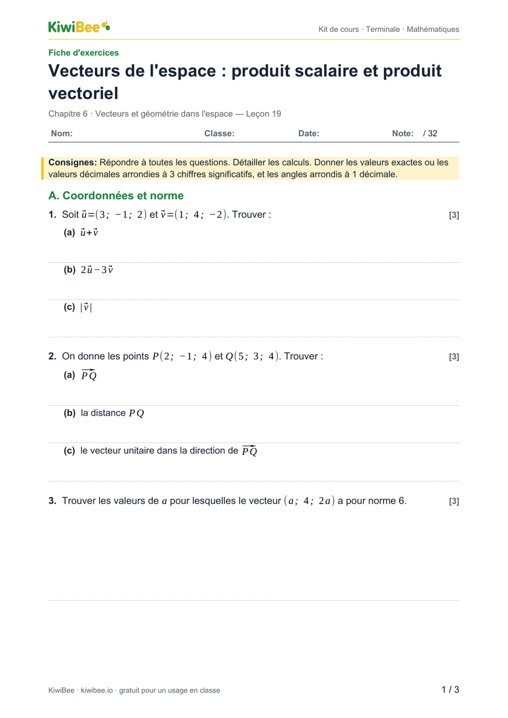 Vecteurs de l'espace : produit scalaire et produit vectoriel — Fiche d'exercices, page 1