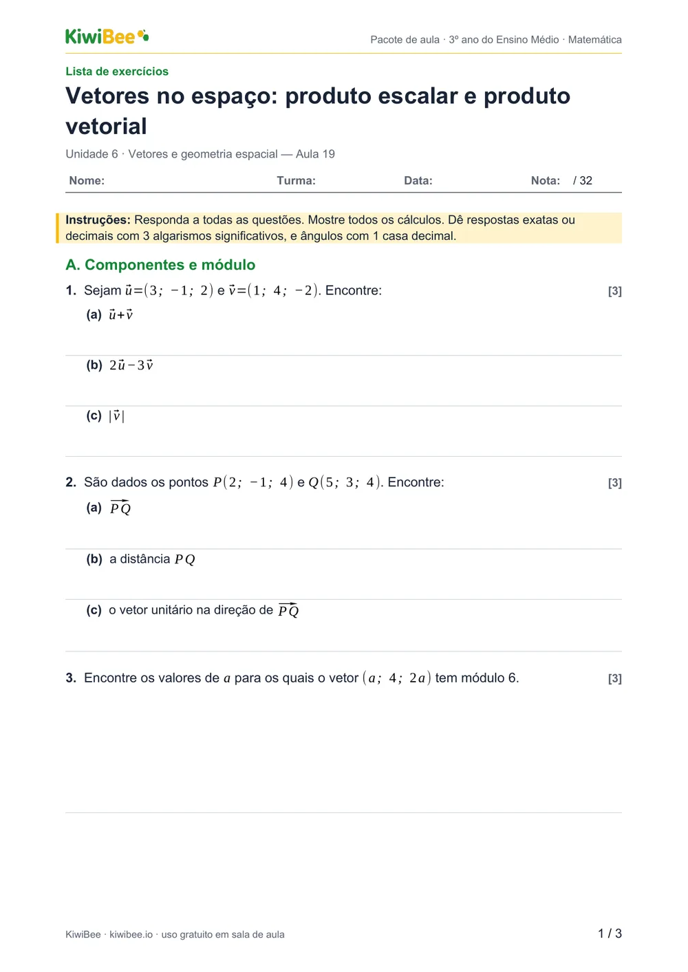 Vetores no espaço: produto escalar e produto vetorial — Lista de exercícios, página 1