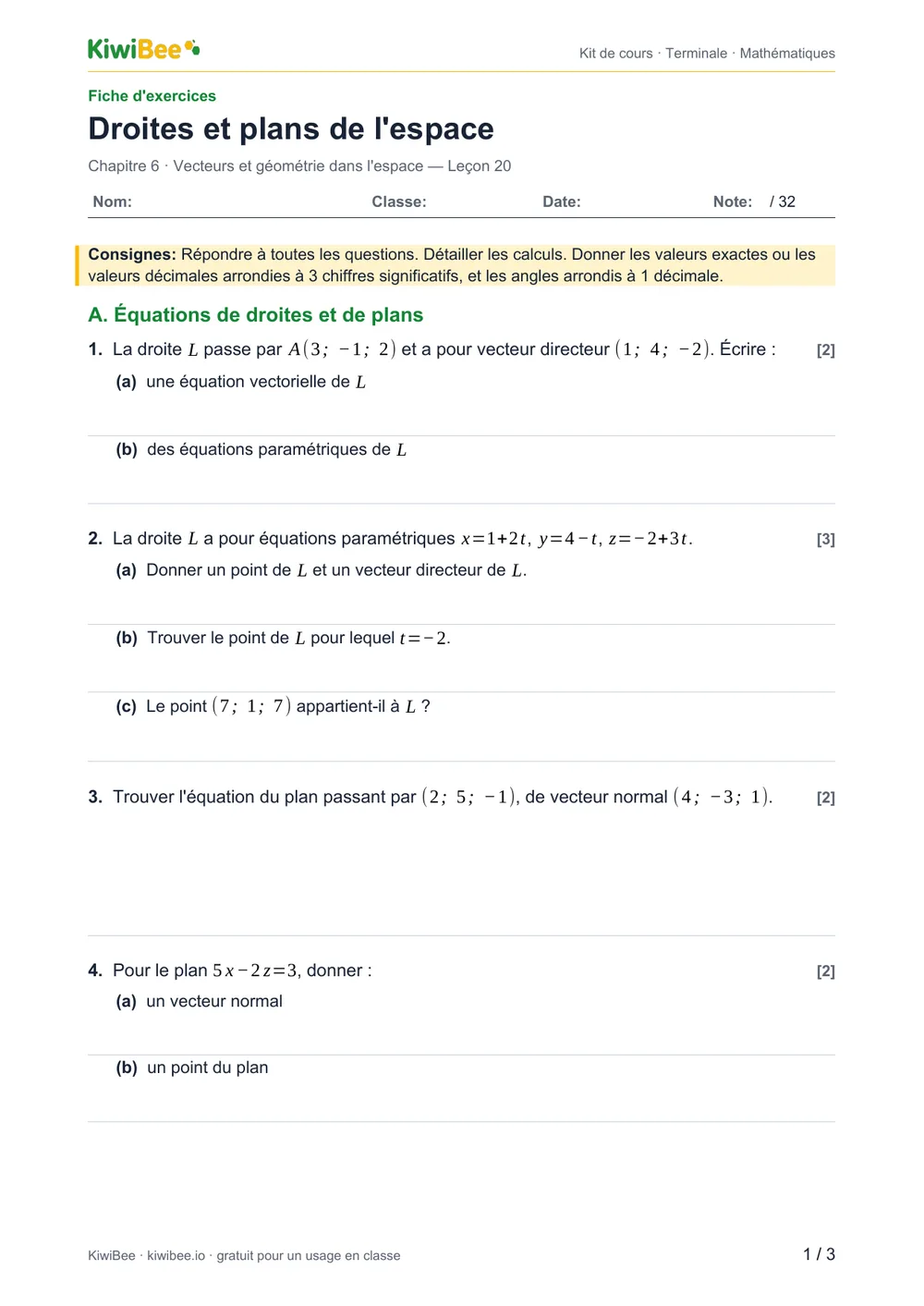Droites et plans de l'espace — Fiche d'exercices, page 1