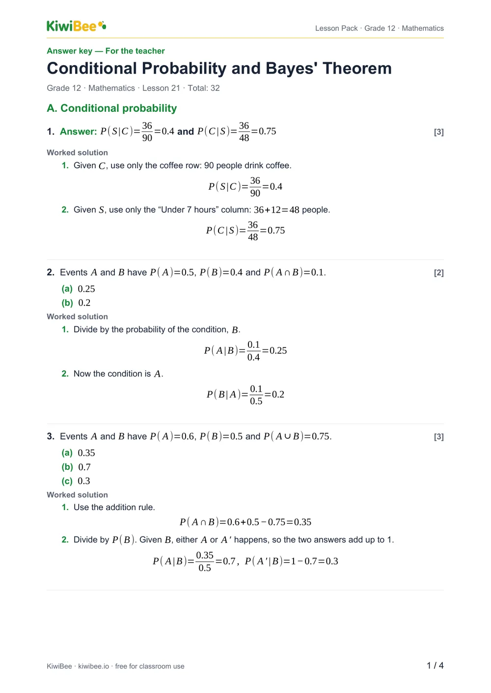 Conditional Probability and Bayes' Theorem — Answer key, page 1