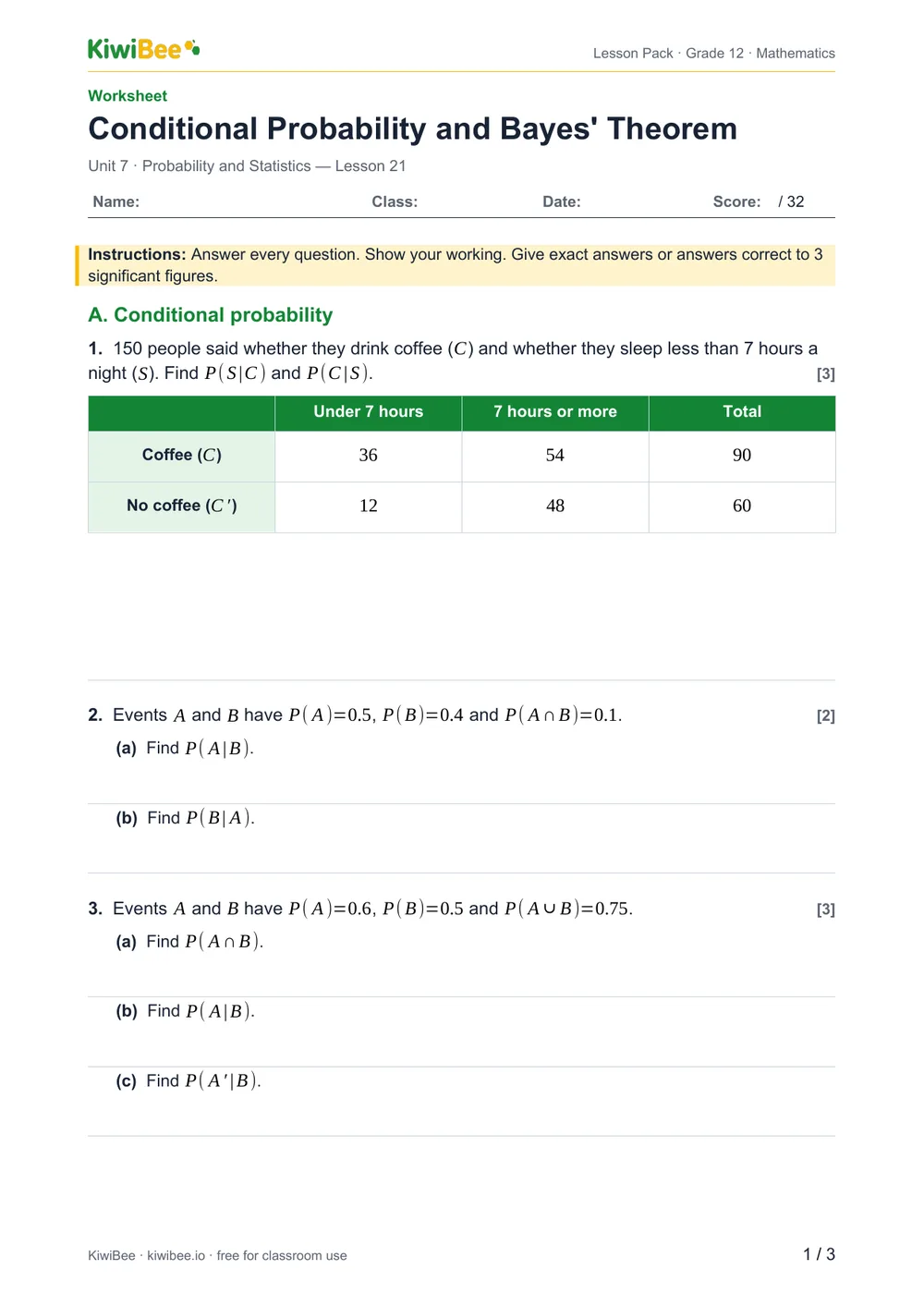 Conditional Probability and Bayes' Theorem — Worksheet, page 1