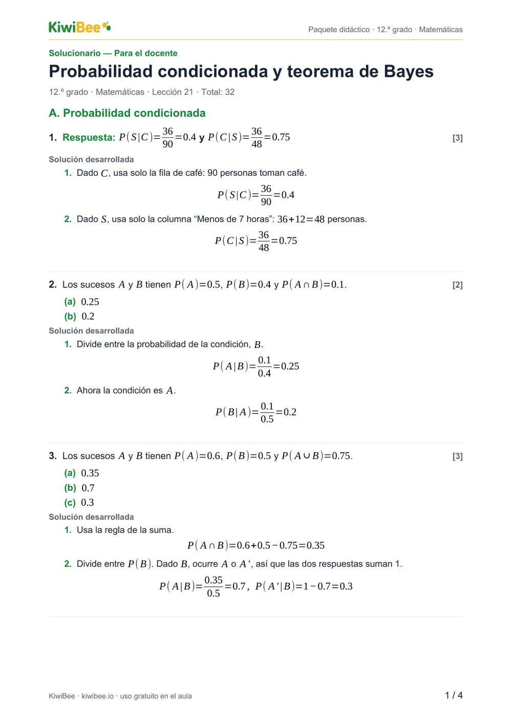 Probabilidad condicionada y teorema de Bayes — Solucionario, página 1