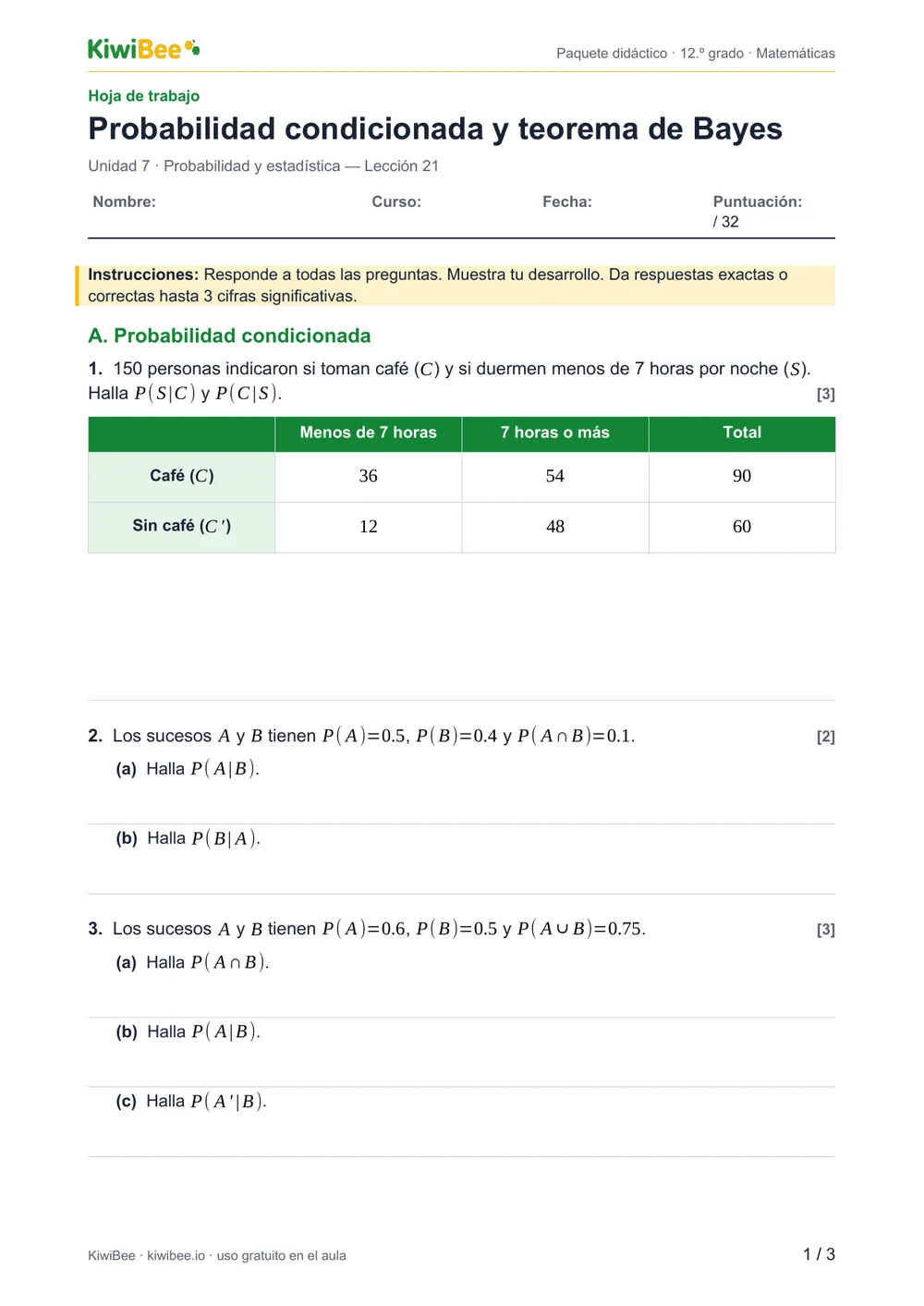 Probabilidad condicionada y teorema de Bayes — Hoja de trabajo, página 1