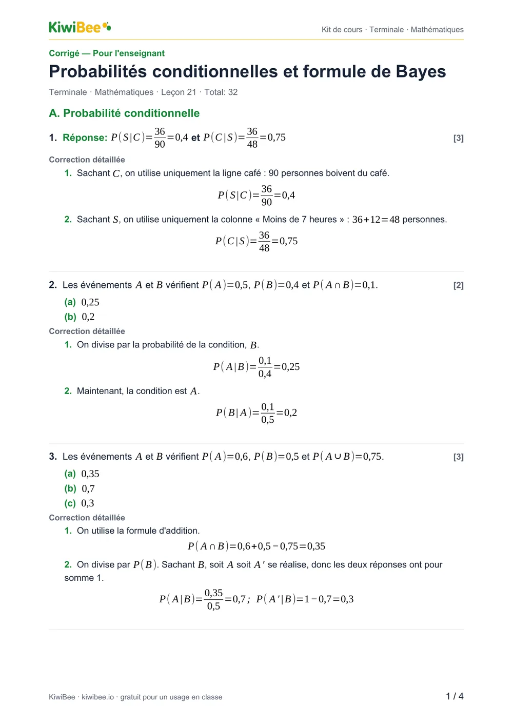 Probabilités conditionnelles et formule de Bayes — Corrigé, page 1