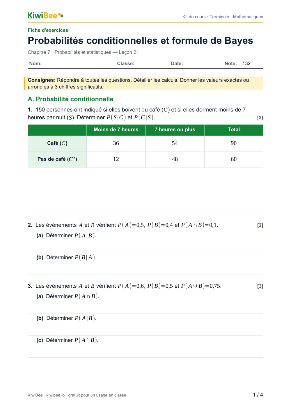 Probabilités conditionnelles et formule de Bayes — Fiche d'exercices, page 1